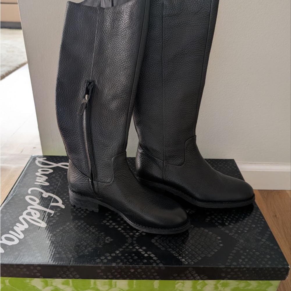 Sam Edelman Black Pebbled Leather Knee-High Flat Boots